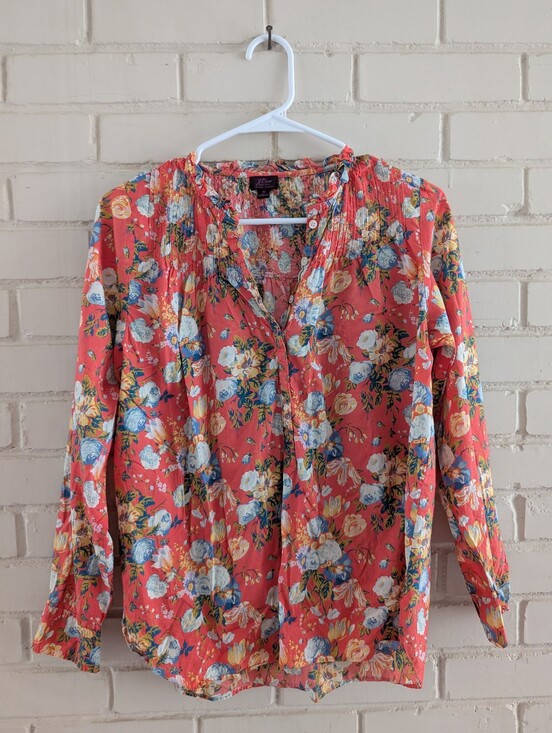 J. Crew Tops - J. Crew 6 Liberty Ruffle Classic Pintuck Popover Coral Floral Print Cotton Top